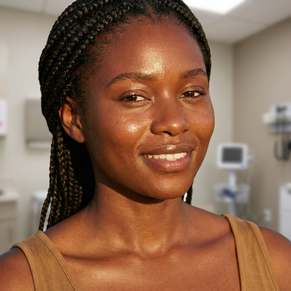 Close-up portrait of a smiling woman with braided hair in warm, golden outdoor lighting.